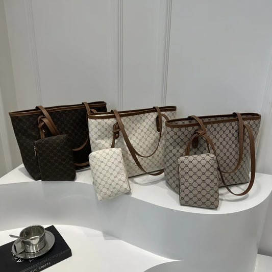 Women Abstract Printed Tote Shoulder Bag with Pouch